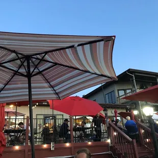 people sitting under umbrellas