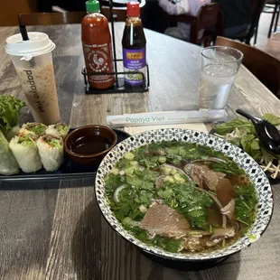 Brisket Pho and Papaya Beef Rolls with milk tea