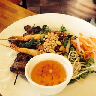 Grilled Pork and Prawns Skewers Bowl