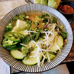 Fresh Tofu and Vegetables in a vegan soup stock.