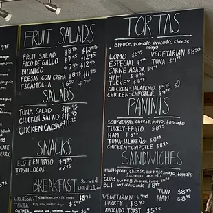 a menu on the wall