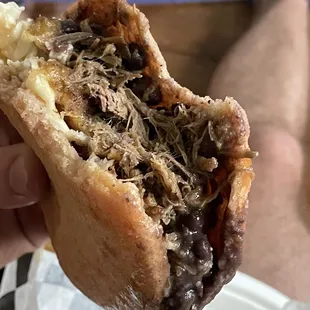 Pabellon Arepa with beef, with the Barbie-themed pink arepa dough