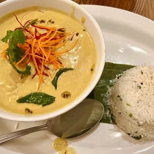 Paper Dosas prawn curry with coconut rice.