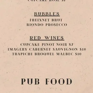 the menu for the pub