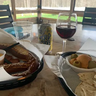 Hummus plate; pretzel