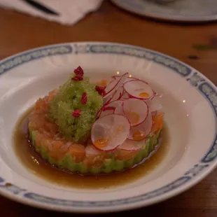 Salmon &amp; Avocado Tartare with Shiso Granita &amp; Raspberry Crisps