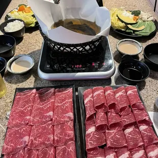 Kombu+water and house spicy with 10oz American Wagyu and Kobe Black chuck. Trying to go for the leaner meats.