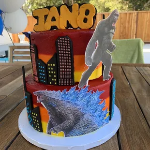 Godzilla vs. Kong cake for my son's birthday!