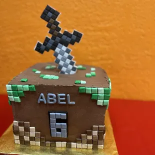 Square cake. Minecraft design. Triple chocolate flavor.