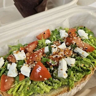 Avocado toast and carrot cake muffin (?)