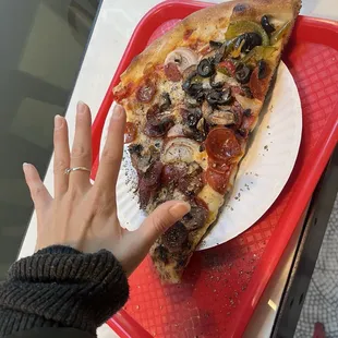 Huge slice! Bigger than my hand!! And I don't have a small hand.