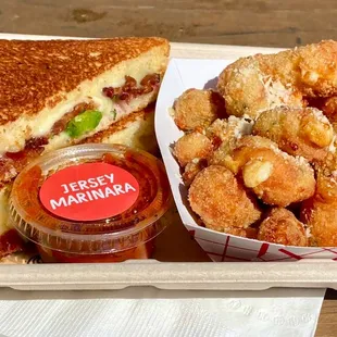 Bacon jalapeño grilled cheese and cheese curds with marinara