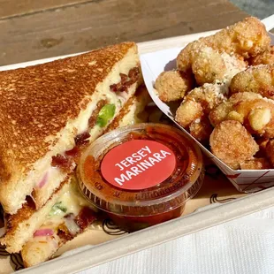 Bacon Jalapeño grilled cheese and cheese curds with marinara
