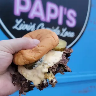 a hand holding a sandwich