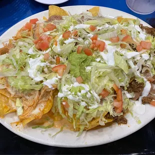 Nachos - very large portion, chicken on left, beef on right