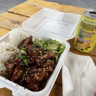 Hawaiian BBQ Chicken, Aloha Pineapple Orange drink