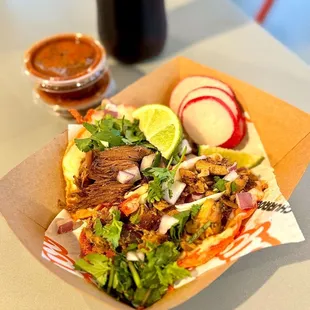 Quesatacos - beef birria &amp; chicken - yum!  Hot sauce was fire!