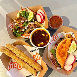 Churros, Quesatacos (birriea &amp; chicken), chicken quesadilla (small size) &amp; consomé - all delicious!