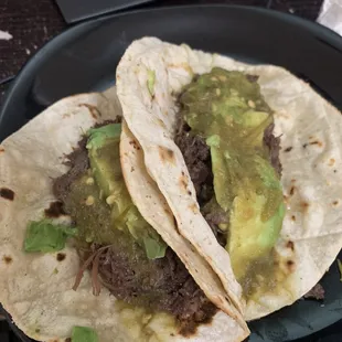 All Meat, corn tortillas and green salsa