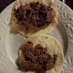 All meat, finely shredded! They didn't have refried, beans, so ran over to TC's for that!