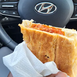 Egg sandwich with chorizo on Cuban bread