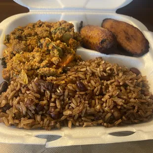 Picadillo, red beans and rice with plantains!