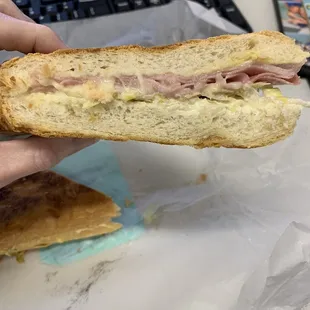 a person holding a half eaten sandwich