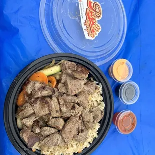 Filet mignon, grilled veggies, and egg fried rice