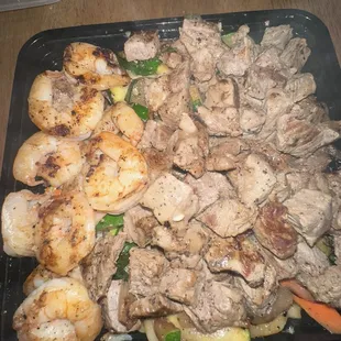 NY steak and shrimp with udon noodles, fried rice and veggies!