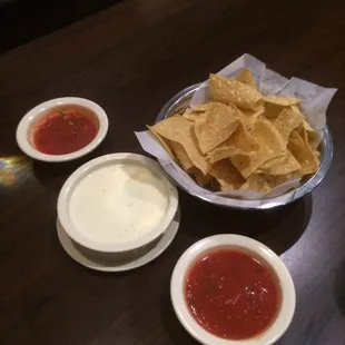Chips and salsa and cheese dip