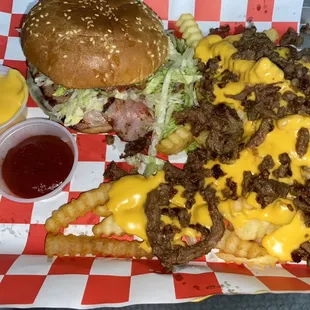 Burger + Fries with nacho cheese &amp; asada ($15)