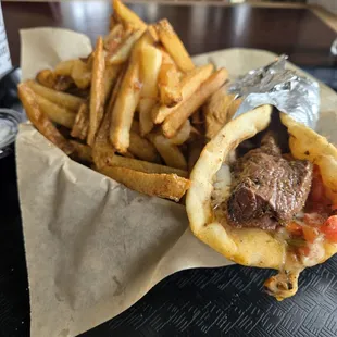 Perfectly cooked sirloin pita with a fresh heap of fries
