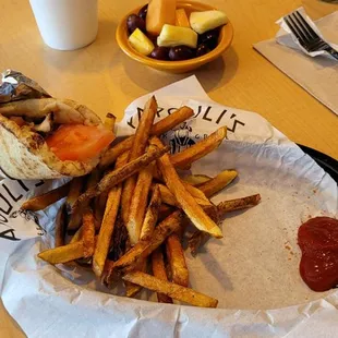 Gyro with fries and mixed fruit