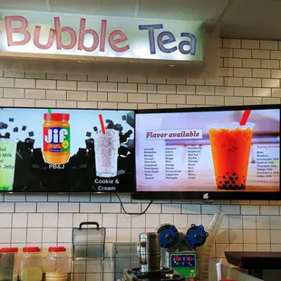 the menu of bubble tea