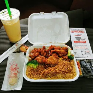 Orange Chicken w/fried rice, spring roll, &amp; mango passion fruit smoothie w/ lychee jelly.