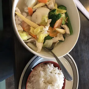 Chicken and veggies with white rice was pretty solid.