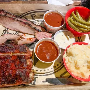 Two meat plate. Pork ribs and lean brisket