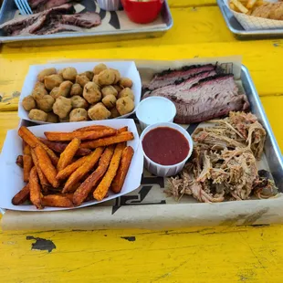 Brisket and pulled pork, sweet potato fries and fried okra