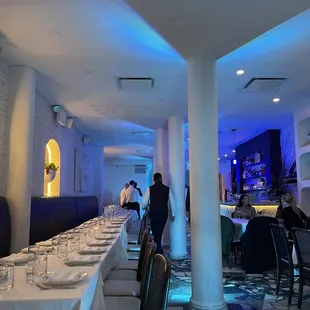 a long dining table in a restaurant