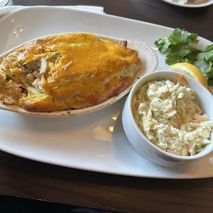Crab imperial, cole slaw, and baked potato