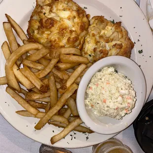 Double Crab Cake with fries and coleslaw