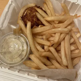a sandwich and fries in a styrofoam container