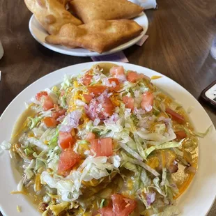 Stuffed breakfast sopapilla with green Chile