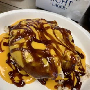 Baked Pot. w/meat of your choice (chicke tasted liked boiled chicken) with canned nacho cheese sauce w/ sweet bbq sauce
