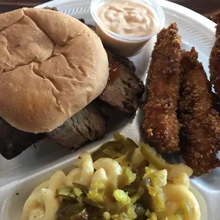 Brisket sammich, jalapeño Mac, and fried pickles. For the WIN