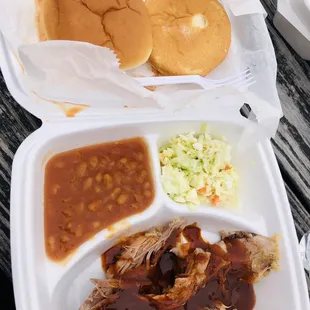 pulled pork, beans and coleslaw