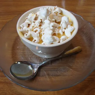 Beer Cheese Soup with popcorn on top - yum!