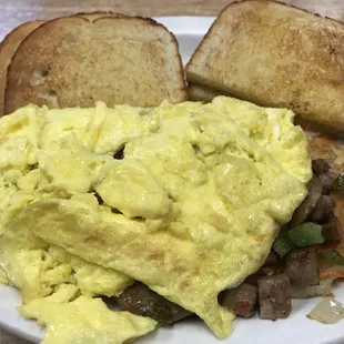 Pappy's skillet - the good: a lot of food at a reasonable price. Not so good: it's very greasy &amp; the bacon was nowhere to be found