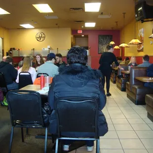 Looking towards the back, view from a front window booth.