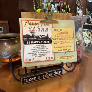 $5 Happy-tizers menu